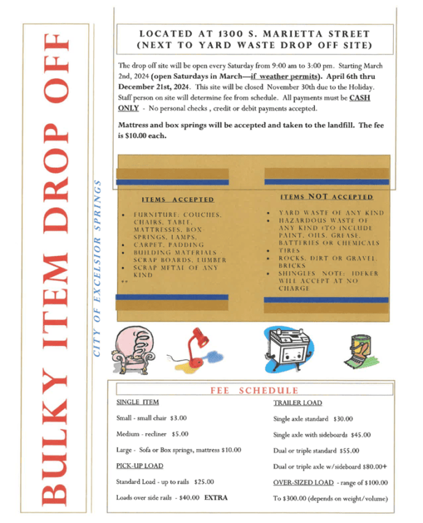 Bulky Item Drop Off guidelines for the City of Excelsior Springs